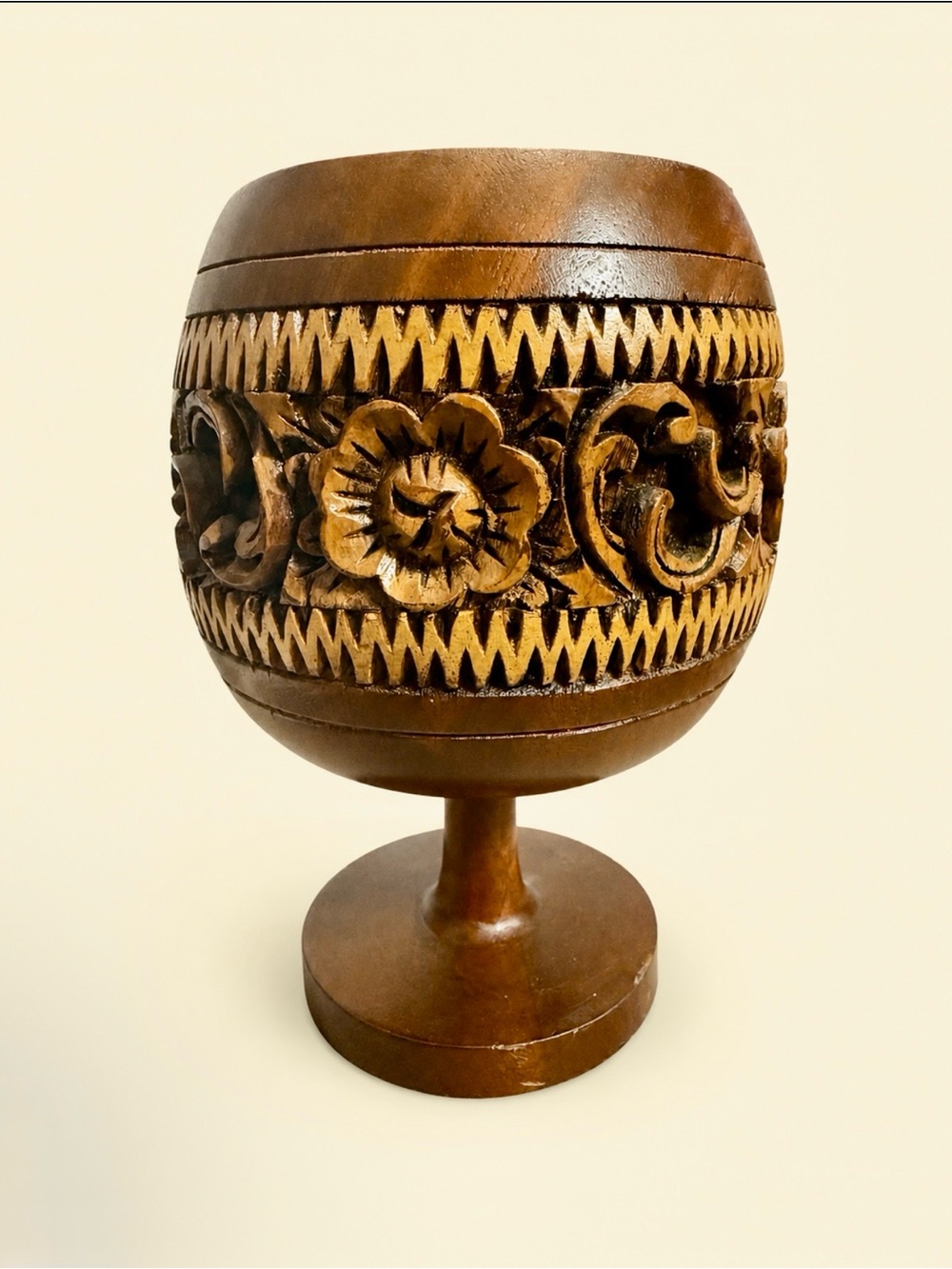 Vintage Hand-Carved Thai Makha Wood Goblet Chalice Folk Art Decor